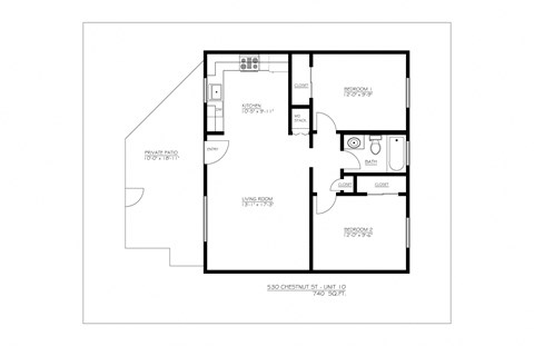 Floor plan for 2 beds, 1 bath, 740 sqft